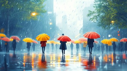 Flat illustrations with rain and hurricane wind, people in waterproof jackets.
