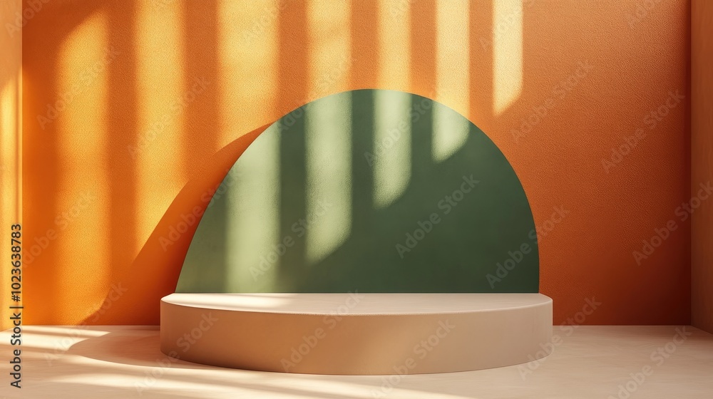 Aufkleber 3D rendering of a modern minimal display featuring an empty podium and abstract green geometric shapes set against a terracotta background illuminated by sunlight rays