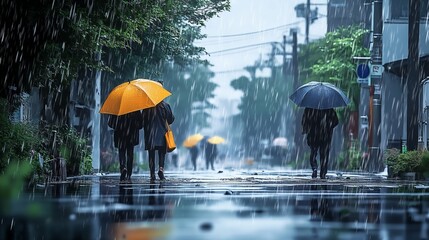 Flat composition with storm and rain, people in waterproof clothes, vector illustrations.