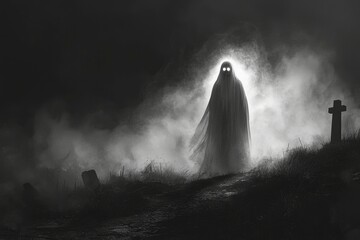 A ghostly figure stands in a graveyard with a cross in the background and fog.