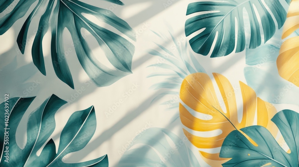 Poster 3d mural wallpaper featuring hand drawn tropical leaves and abstract art on a light background with 