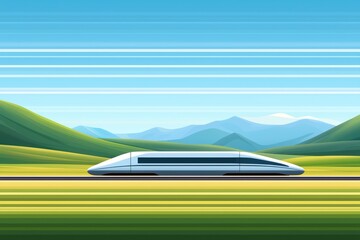 Abstract illustration of a modern train speeding through lush green hills under a blue sky.