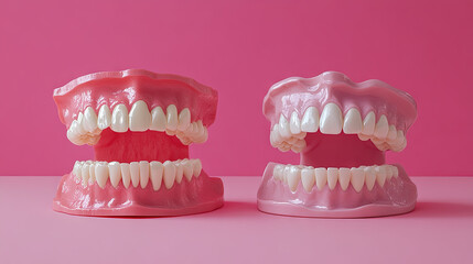 Obraz premium A side-by-side comparison of healthy and unhealthy oral cavity models, illustrating the impact of poor dental hygiene on gum and tooth health.