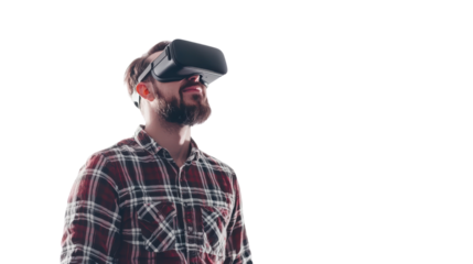 Man wearing vr glasses isolated on white, transparent