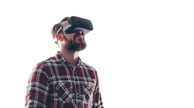 Man wearing vr glasses isolated on white, transparent
