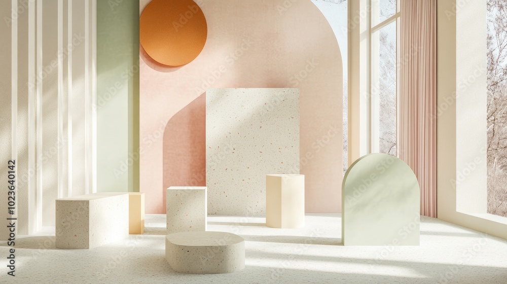 Aufkleber 3D rendering of a contemporary mockup featuring an abstract geometric background a blank template for minimalistic showcases simple shapes and an Art Deco inspired display with pastel colors