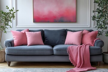 stylish grey sofa adorned with pink pillows and a cozy blanket set against a white wall featuring abstract art reflecting modern and chic interior design