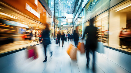motion blur of people with shopping bags in a busy shopping mall. retail sale and discount