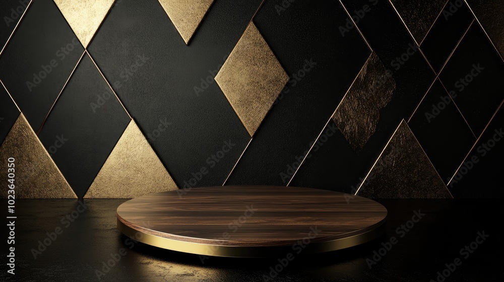 Poster abstract elegant wooden gold podium on gold triangle background empty round wood product stand on bl