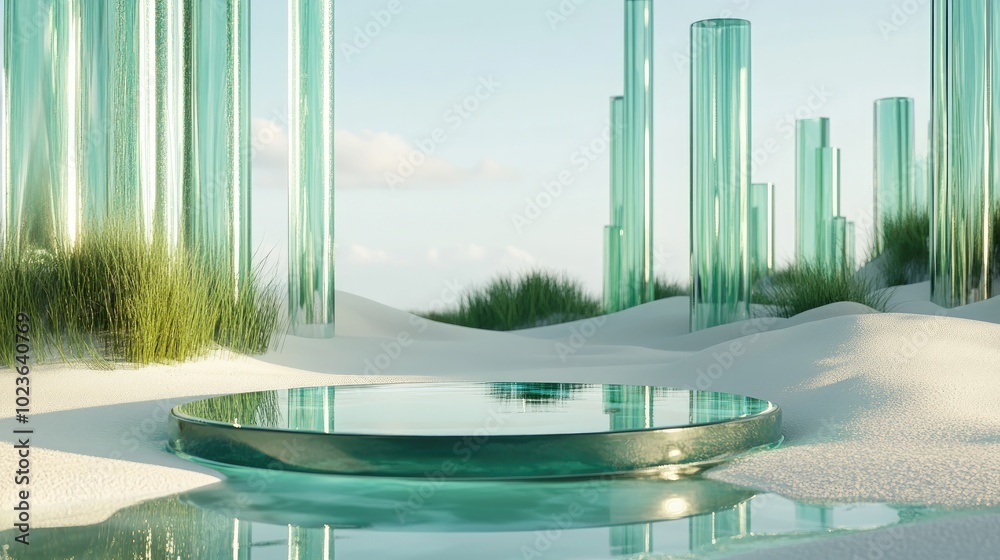 Aufkleber 3D rendering of a landscape featuring a circular podium in water with white sand The podium is set against a backdrop of abstract glass shapes and objects amidst green grass creating a futuristic