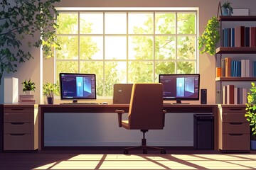 Bright and organized office space with desks, chairs, computers, and large windows allowing natural light to fill the room