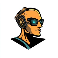  Futuristic avatar logo with tech glasses and headphones.