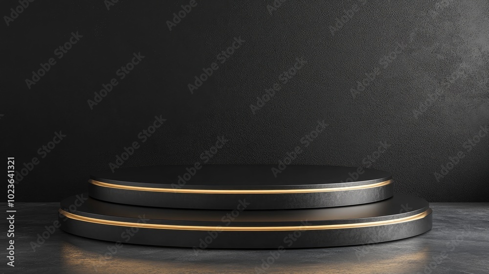 Poster Abstract black and gold luxury podium featuring a stylish futuristic design for product display and an elegant round stage suitable for awards in a modern 3D rendering