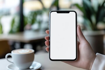 Hand holding a smartphone with a blank screen in a cozy café, with a cup of coffee in the background
