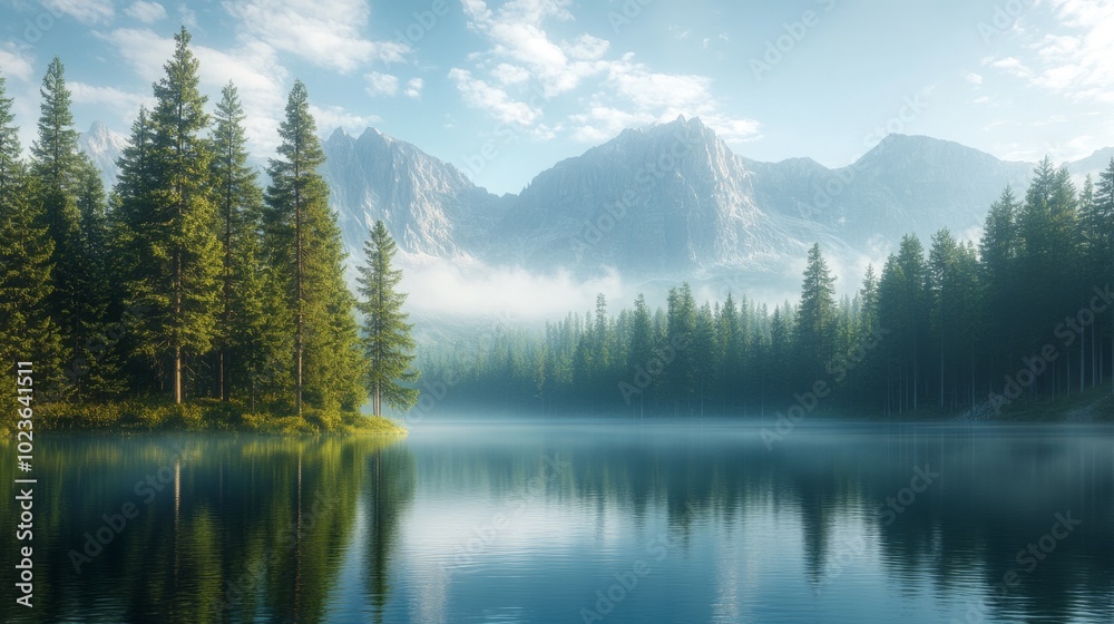 Poster a serene and peaceful scene of a lake surrounded by trees and mountains