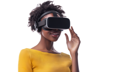 Woman wearing vr glasses isolated on white, transparent