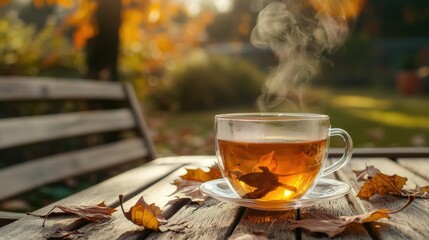 Cozy Autumn Afternoon with Steaming Cup of Tea in Outdoor Garden Setting