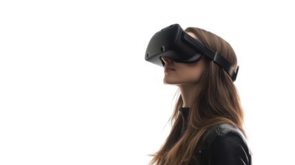 Woman wearing vr glasses isolated on white, transparent
