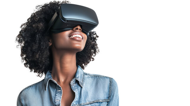 Woman wearing vr glasses isolated on white, transparent