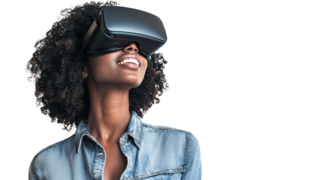 Woman wearing vr glasses isolated on white, transparent