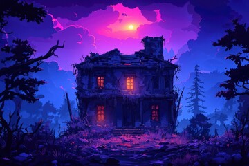 Fototapeta premium A Ruined House with a Glowing Window in the Night