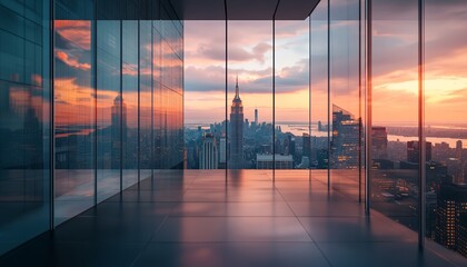 Fototapeta premium Cityscape Through Glass Wall with Reflections Skyscrapers