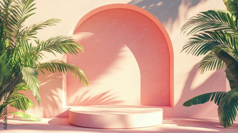 Aufkleber 3d rendered podium and showcase featuring shadows against a pastel backdrop with tropical plant leav