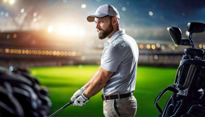 Fototapeta premium Professional male golfer using indoor golf simulator 