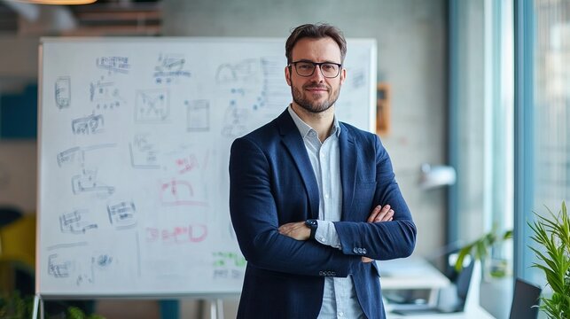 Confident businessman with glasses standing in an office near a whiteboard with crossed arms, symbolizing leadership, success, and professional expertise