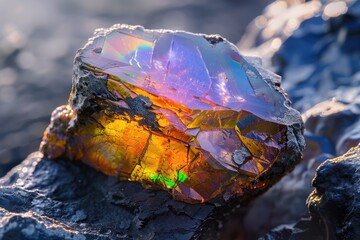 Close up iridescent multicolored welo opal on gray background