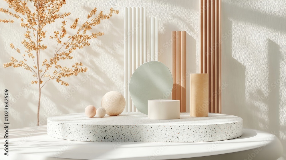 Poster 3d rendered podium with geometric shapes for product display featuring an abstract pastel white back