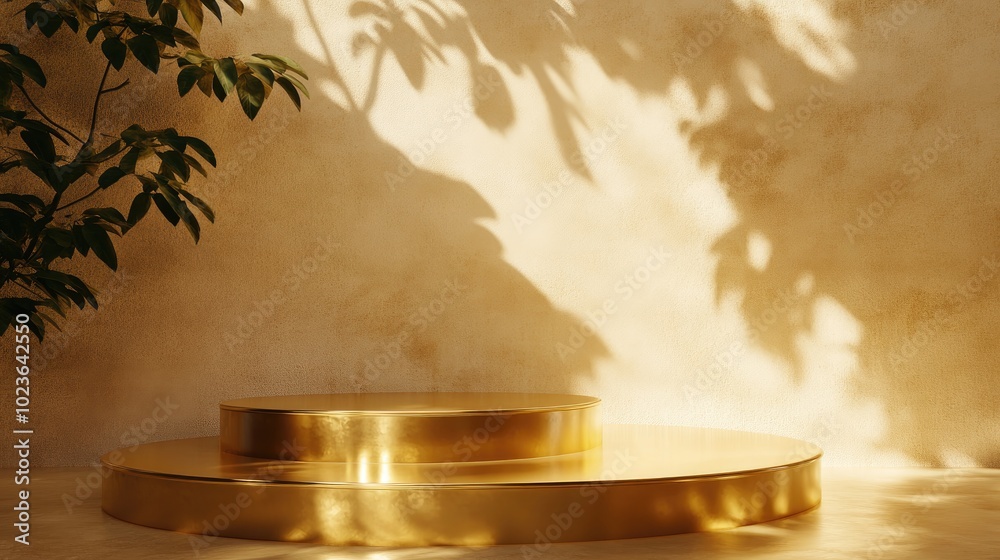 Poster 3D rendering of a two tier round glossy gold podium illuminated by dappled sunlight with leaf shadows cast on a beige concrete abstract wall creating a luxurious backdrop for displaying beauty and