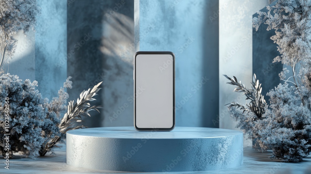 Aufkleber 3D rendered illustration of a smartphone featuring a blank screen positioned on a podium complemented by abstract geometric shapes in the background Modern and trendy design in blue and silver hue