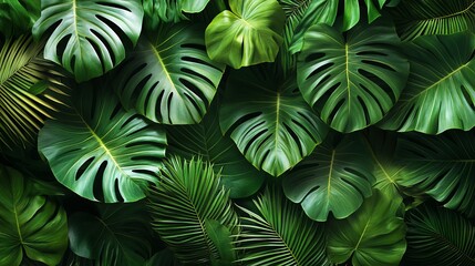 Flat lay with tropical palm leaves viewed from above.
