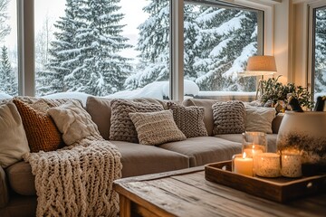 Fototapeta premium Cozy living room with soft blankets, plush pillows, candles, and a small decorated Christmas tree on a wooden coffee table, set against a snowy winter backdrop