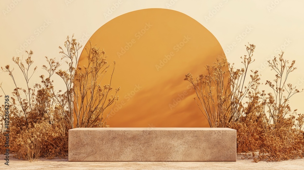 Poster brown arc on a light orange pedestal with dried vegetation minimalistic and natural design 3d render