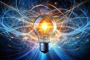 A bright light bulb illuminated in mid-air, surrounded by swirling shapes and lines, symbolizing a brilliant idea or innovative concept bursting forth into reality.