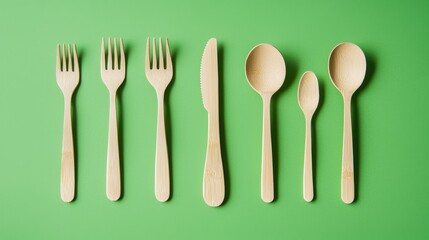 Eco Friendly Wooden Kitchen Utensils Arranged on Green Background