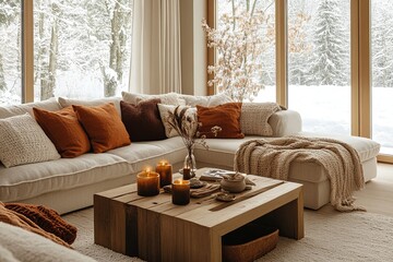 Obraz premium Cozy living room with warm blankets, knitted pillows, and candles on a coffee table, overlooking a snowy winter landscape through large windows