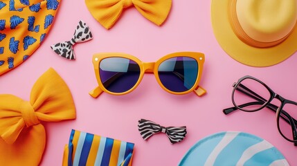 Colorful summer accessories on a pink background, featuring sunglasses, hats, and hair bows in vibrant shades.