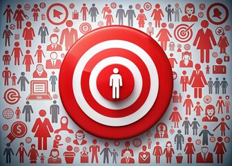 A bright red bullseye surrounded by diverse demographic icons, including age, gender, and occupation silhouettes, emphasizes focus on understanding consumer needs and preferences.