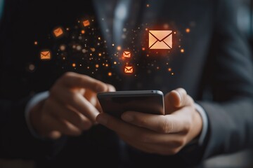 Businessman using a smartphone with glowing email icons, symbolizing communication,  and online messaging