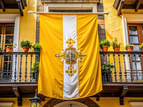 A bright yellow and white vertical bicolor flag with a crucifix, keys, and triple crown emblem hangs from a decorated balcony above a crowded square.