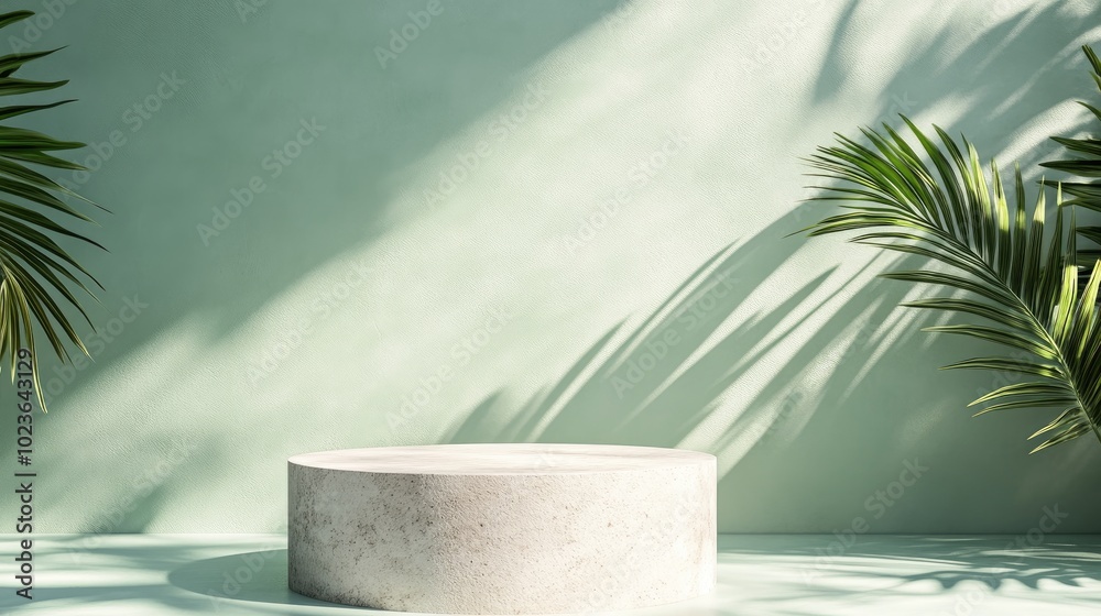 Aufkleber 3D background featuring a stone display podium set against a soft green backdrop with palm shadows Ideal for showcasing beauty cosmetics in a tropical setting Studio rendered summer platform templ