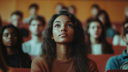 Fototapeta premium A photograph of a diverse group of students listening attentively in a lecture hall, representing academic life and knowledge.