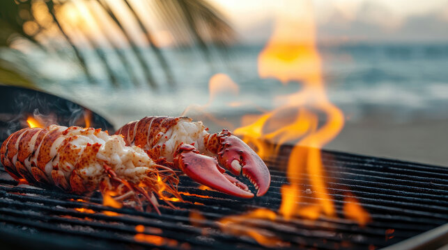 A spiny lobster tail being cooked on an outdoor grill, with flames rising and the ocean visible in the background, showcasing a beachside seafood barbecue.