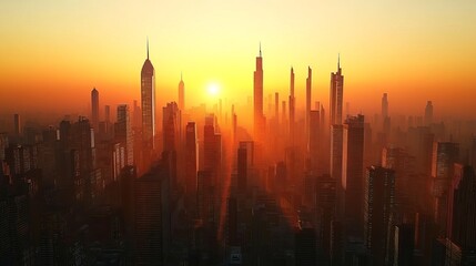 Fototapeta premium View from the sea of ​​​​the shiny high-rise buildings of the city in hot weather.