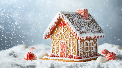 Naklejka premium A photo of a holiday card featuring a bright, neatly painted gingerbread house with detailed icing decorations.