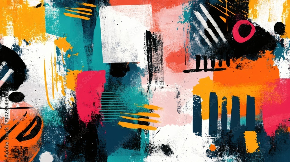 Poster colorful abstract grunge painting featuring rough hand drawn geometric shapes and line art ideal for
