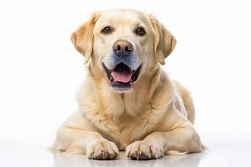 A cheerful and friendly yellow Labrador Retriever with a fluffy coat and wagging tail poses isolated on a pure white studio background.